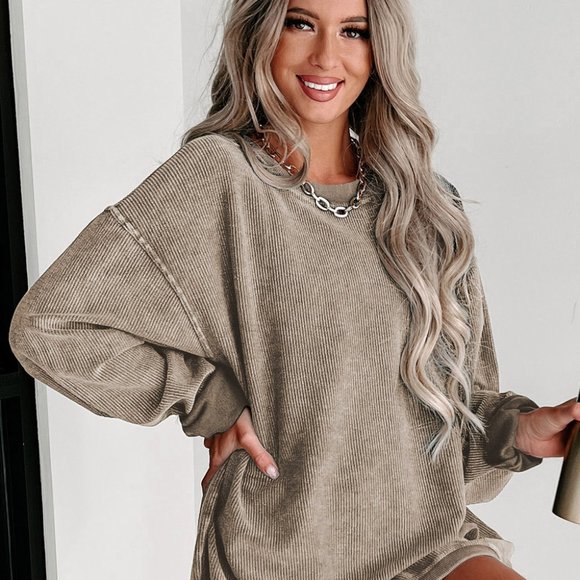 Cali Chic Women Sweatshirt Khaki Solid Ribbed Knit Round Neck Pullover - Picture 1 of 9